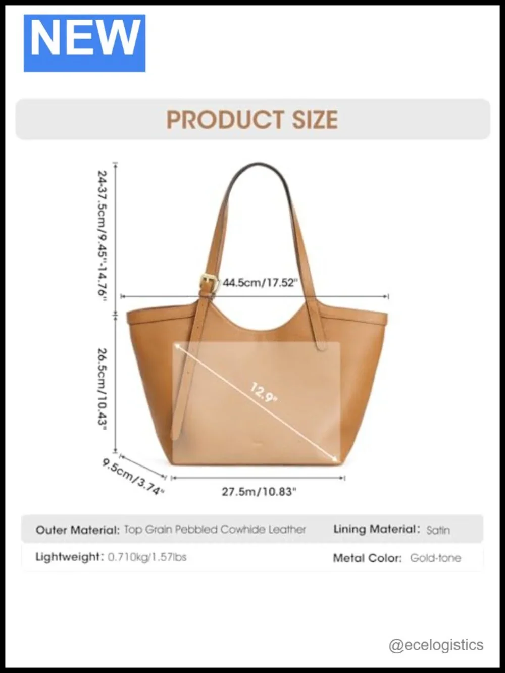 Genuine Leather Hobo Tote Handbag with Adjustable Strap, 5 Pockets, Zipper